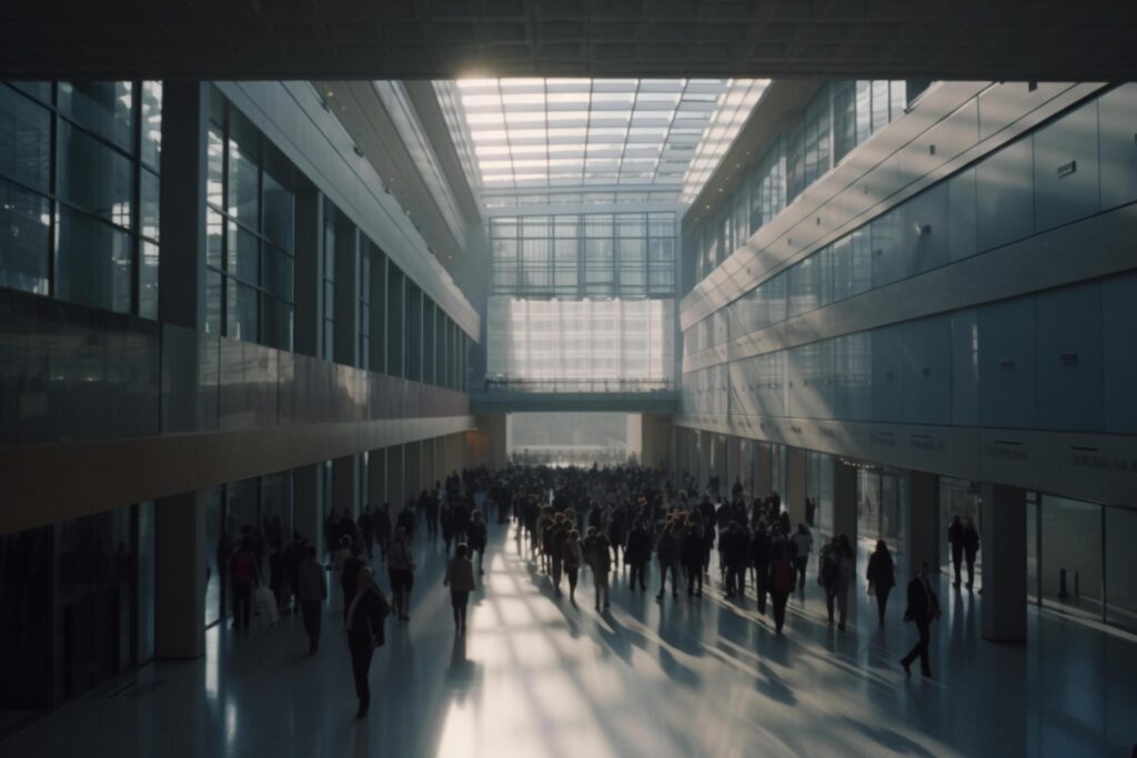 Bustling Conference Hall Waiting Area and Entrance Hall with Blurred Businesspeople Coming and Going in Bright Ambience Stock Free