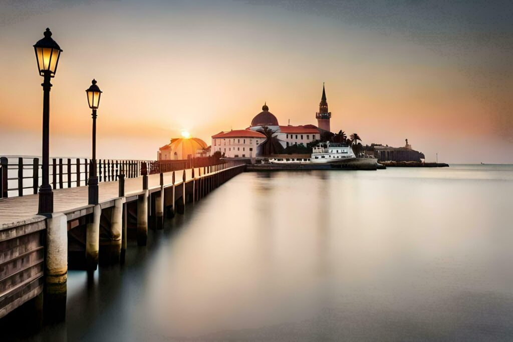 the sun is setting over a pier and a church. AI-Generated Stock Free