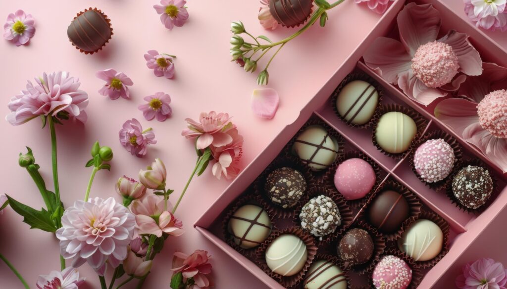 Pink and Brown Chocolate Truffles in a Box With Flowers on Pink Background Stock Free