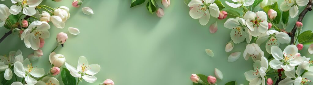 White Apple Blossoms and Pink Buds on a Green Background Stock Free