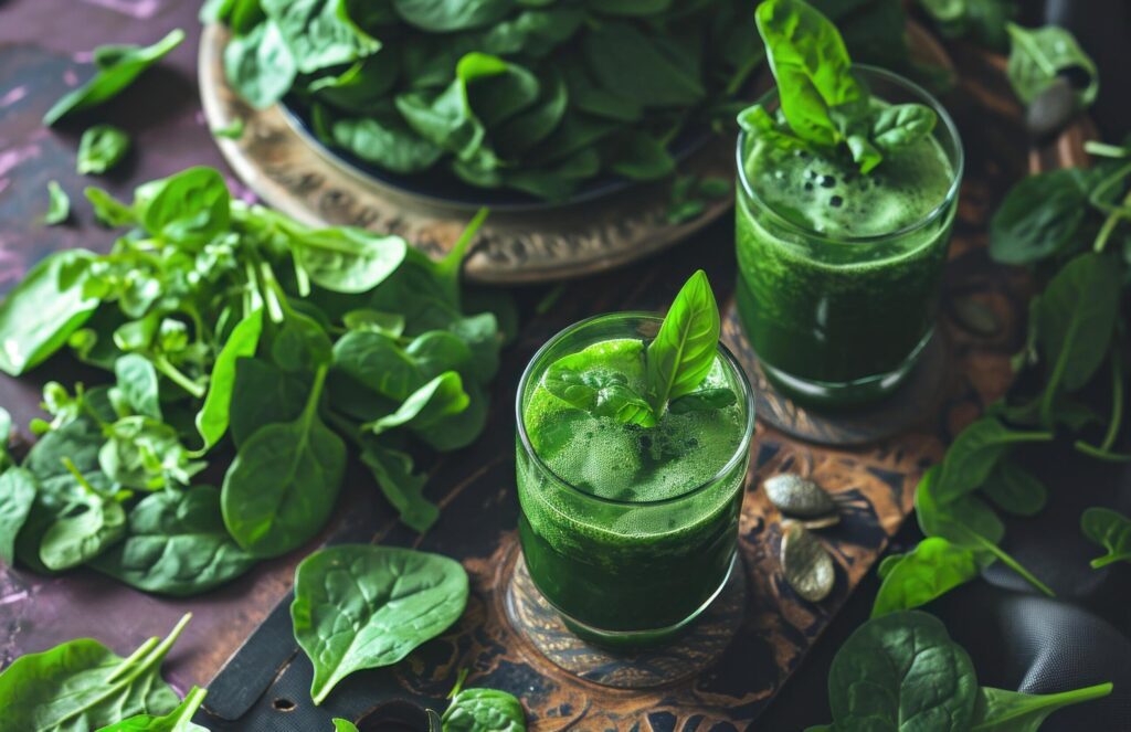 homemade spinach juice with green leaves Free Photo