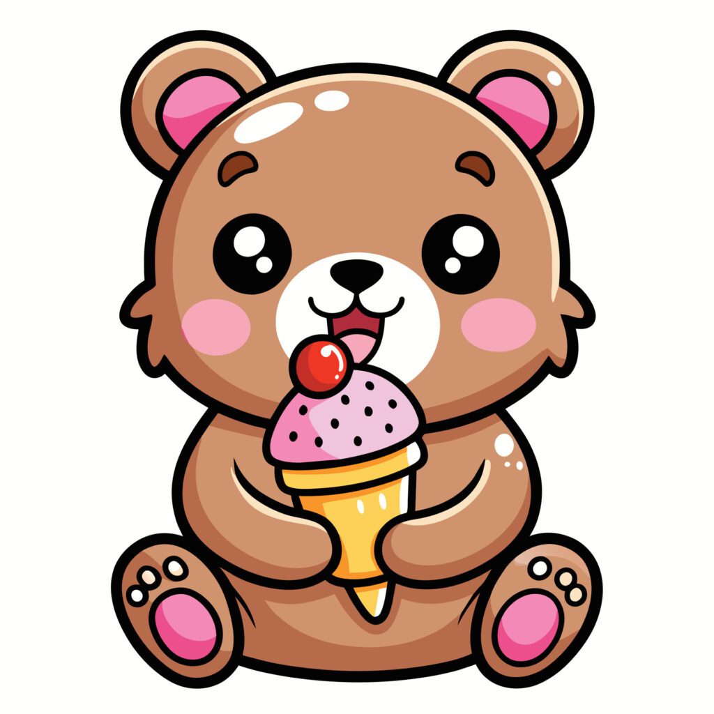 a cute kawaii bear eating ice cream, with clean black outlines, white background Free Vector