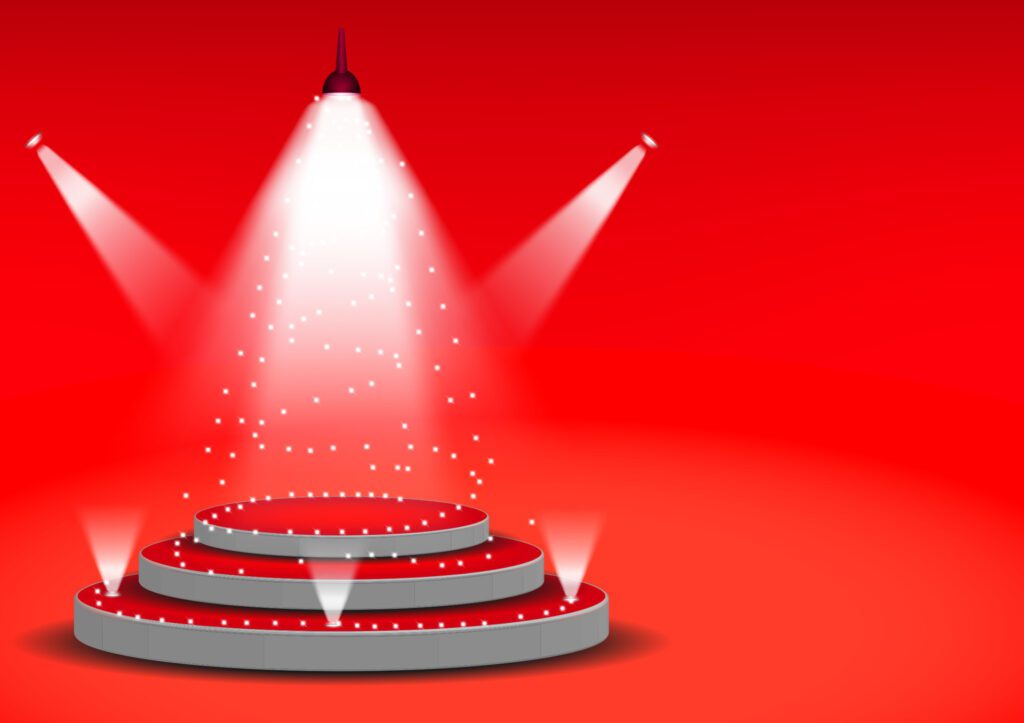 podium for show product with bright white light from spotlights red background Vector illustration copy sapce Free Vector