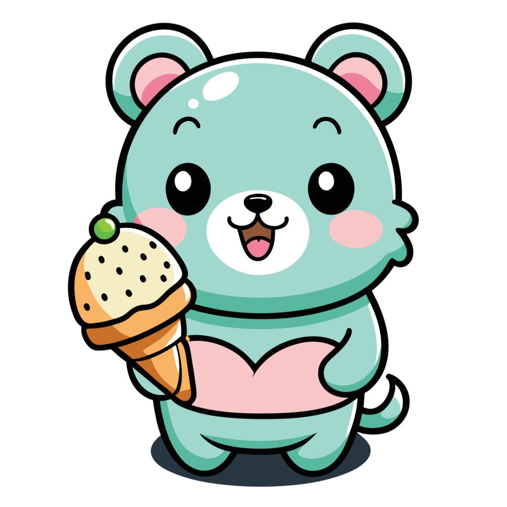 a cute kawaii bear eating ice cream, with clean black outlines, white background Free Vector