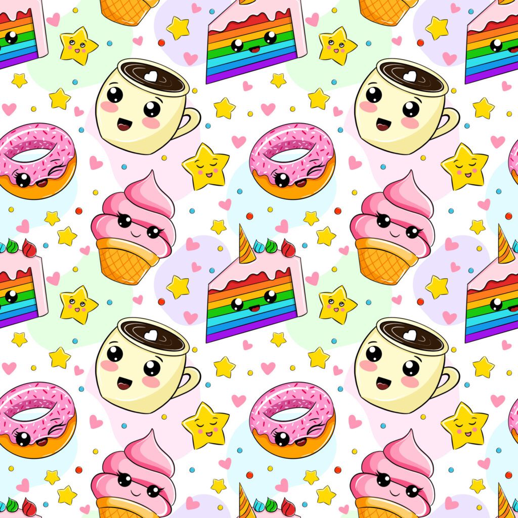 seamless pattern cute food characters.colorful kawaii sweets, vector isolated on white Free Vector