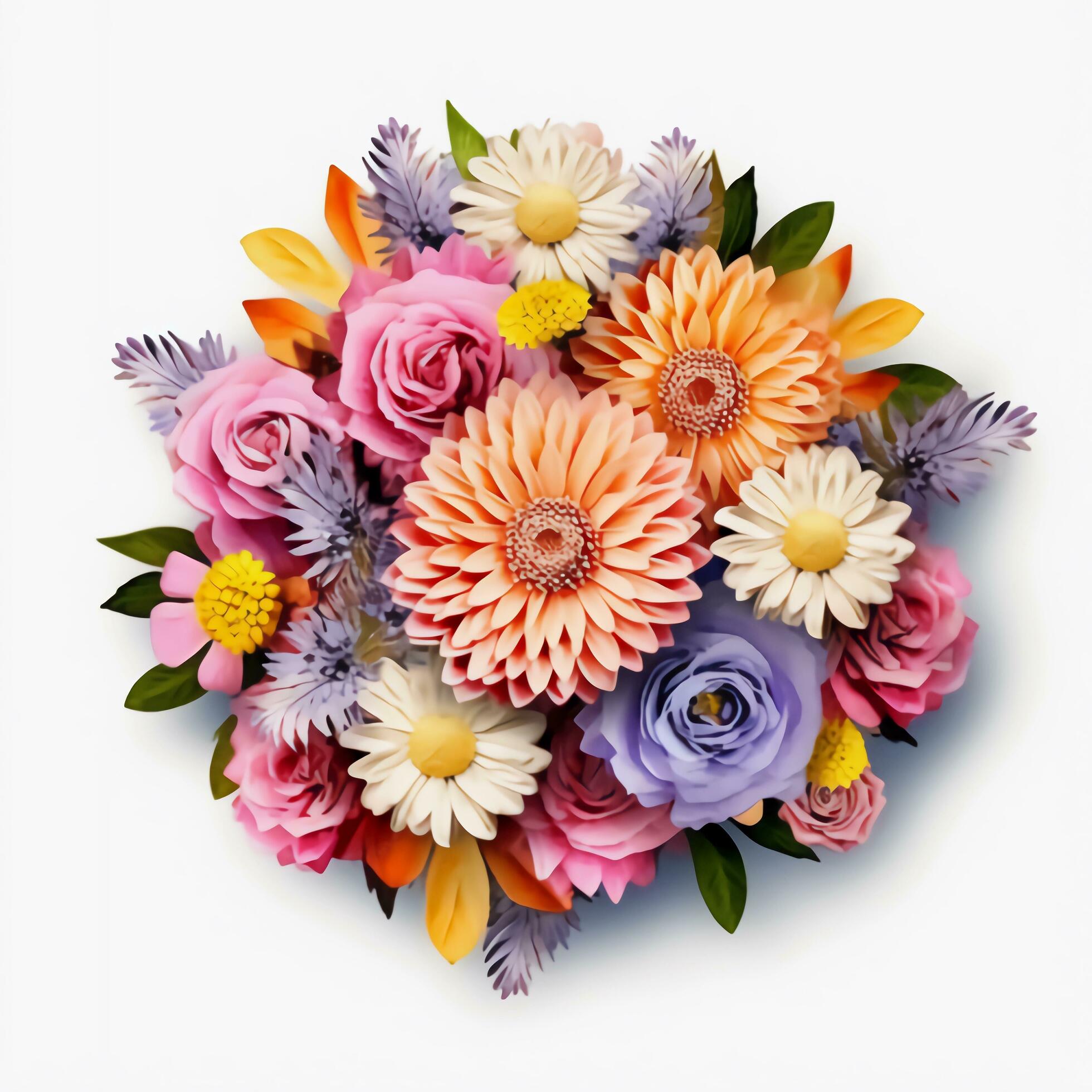 A top view of a bouquet of various colorful flowers. Isolated white background. AI Generated. Stock Free