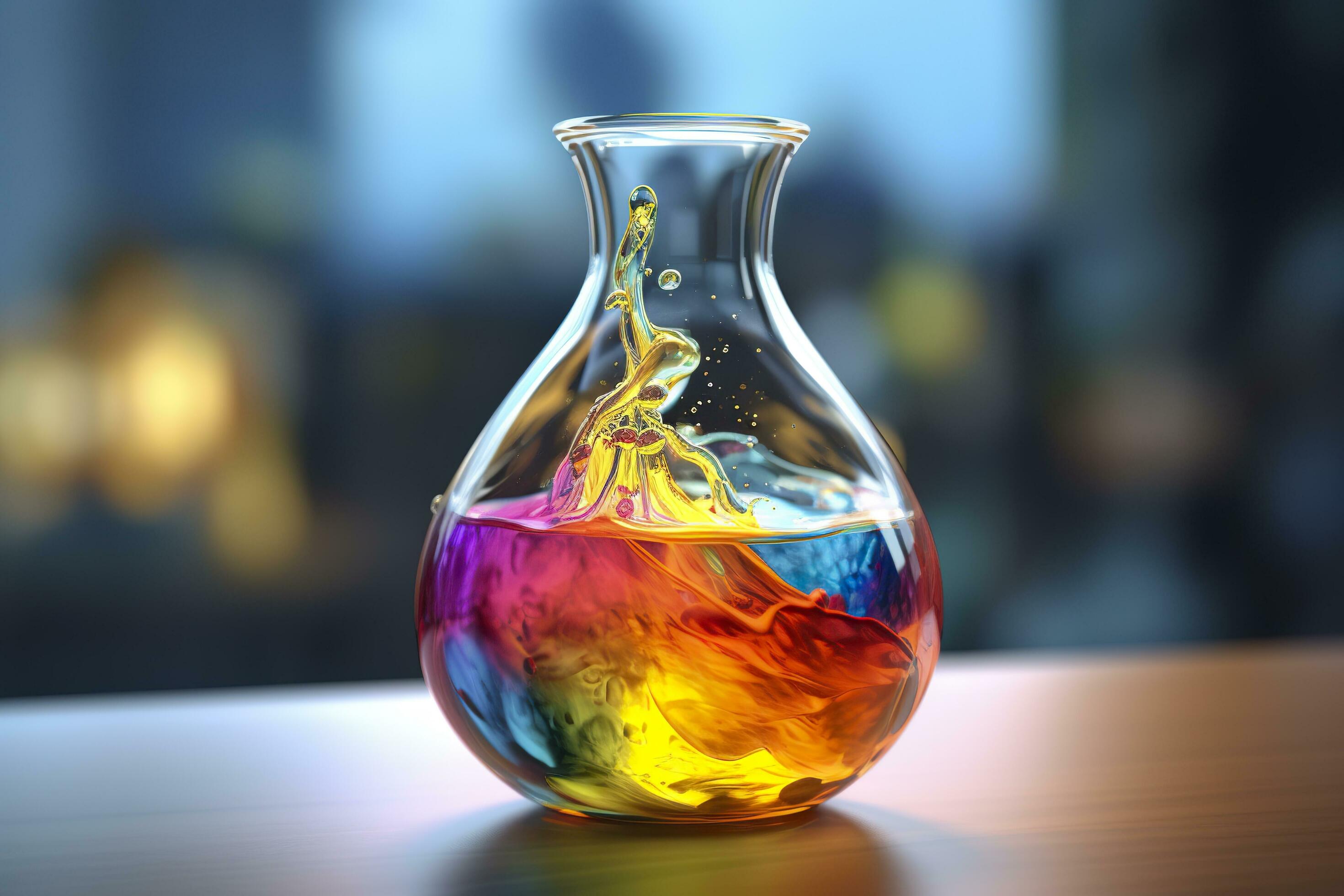 Close Up of a Science Beaker Filled with Multi Colored Liquids. AI Generative Stock Free