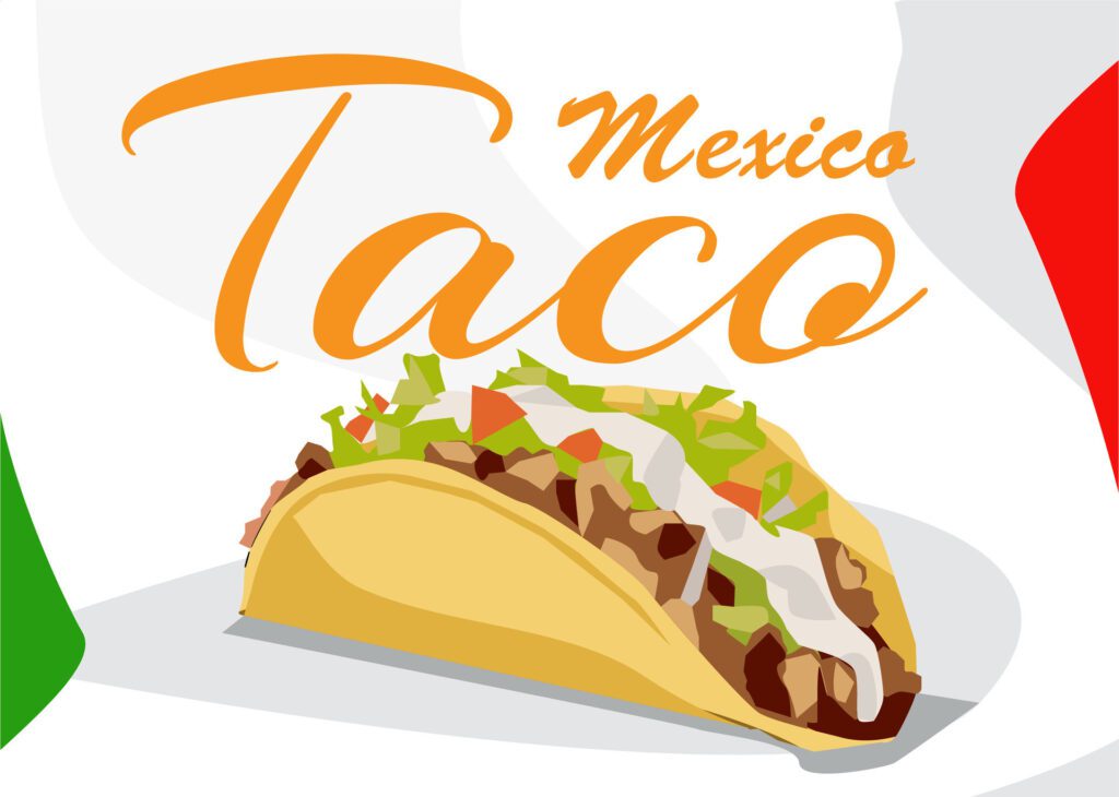 typical mexican food delicious taco celebrating Cinco de Mayo with color mexican flag background Free Vector