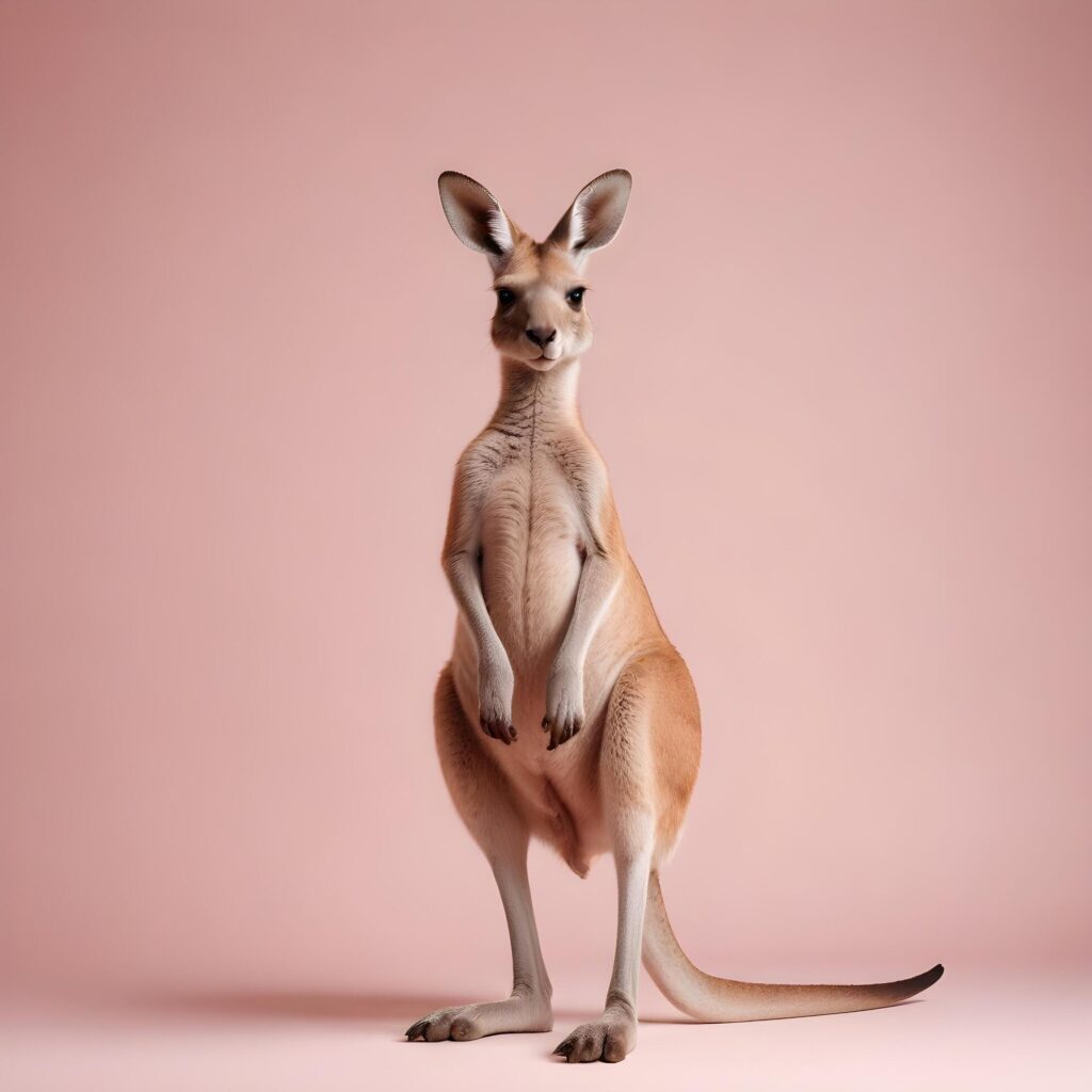 a kangaroo standing on its hind legs in front of a gray background Stock Free