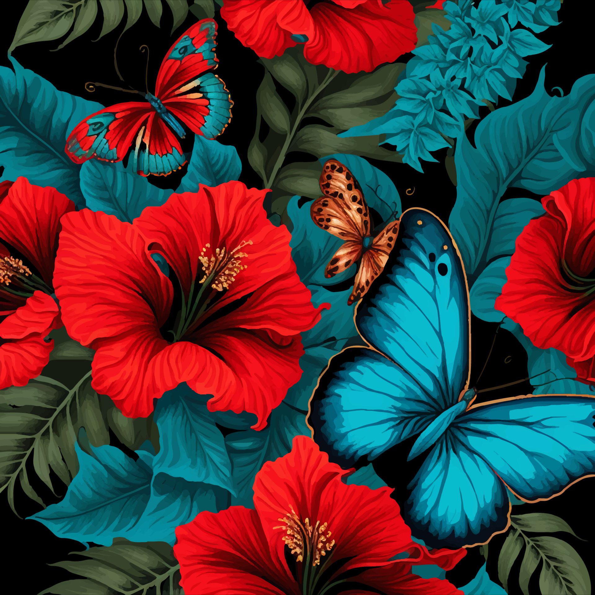 Hawaiian style seamless pattern with red Flowers Free Vector