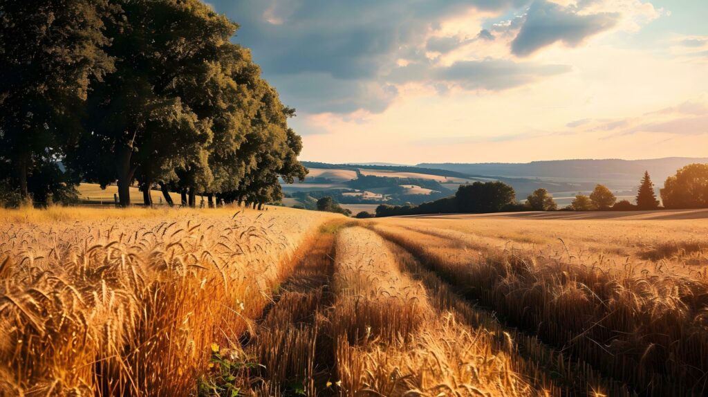 Golden Wheat Leading to Tree-Lined Horizon at Sunset Free Photo