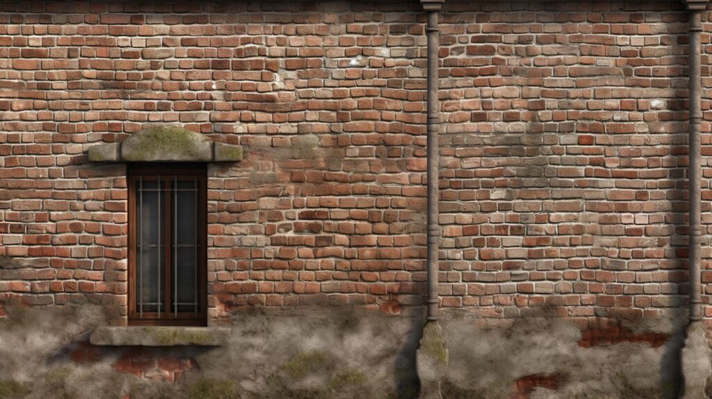 3d render of an old brick wall with a window on it Stock Free