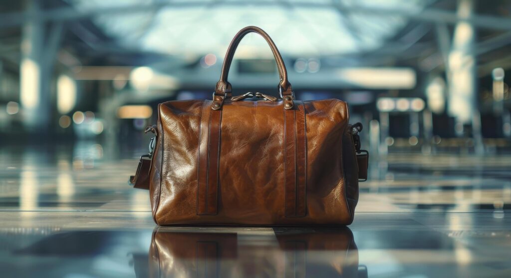 Brown Leather Travel Bag Resting on a Polished Floor in an Airport Stock Free