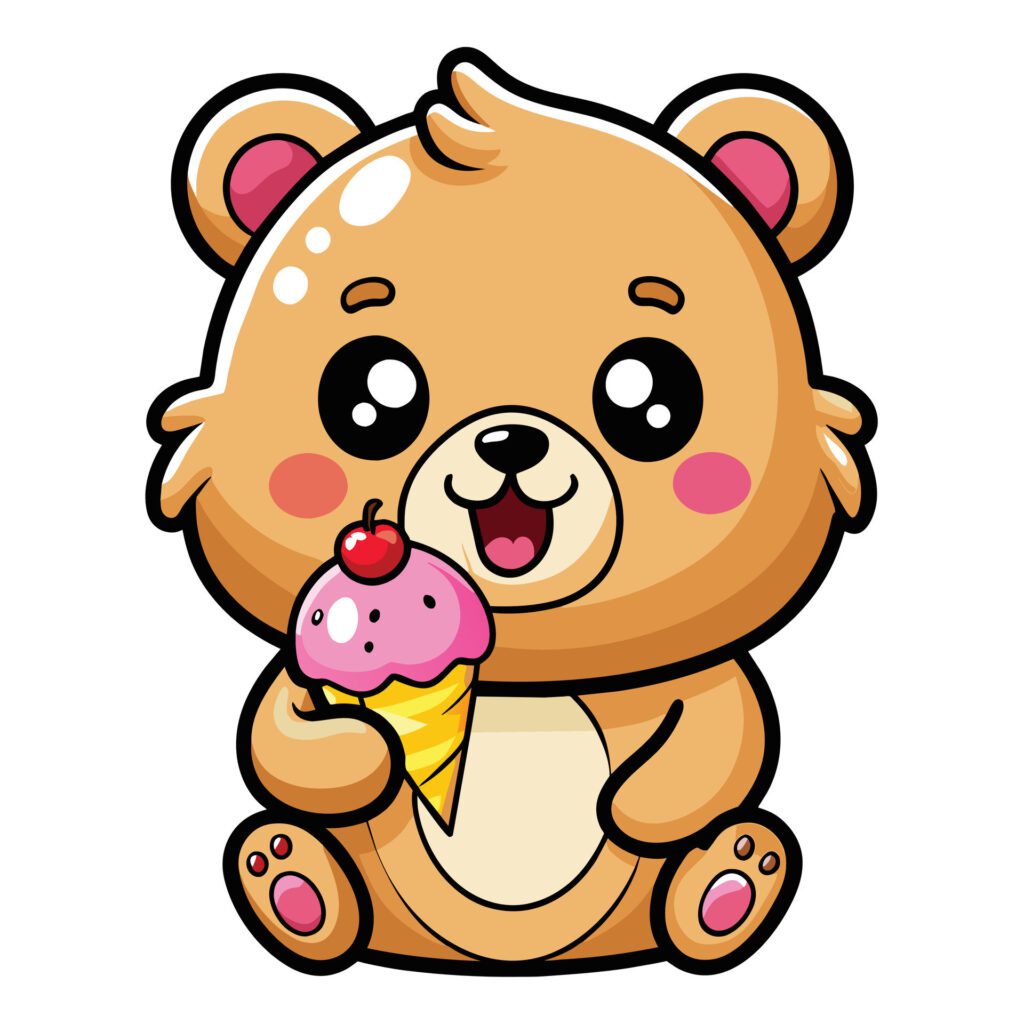 a cute kawaii bear eating ice cream, with clean black outlines, white background Free Vector