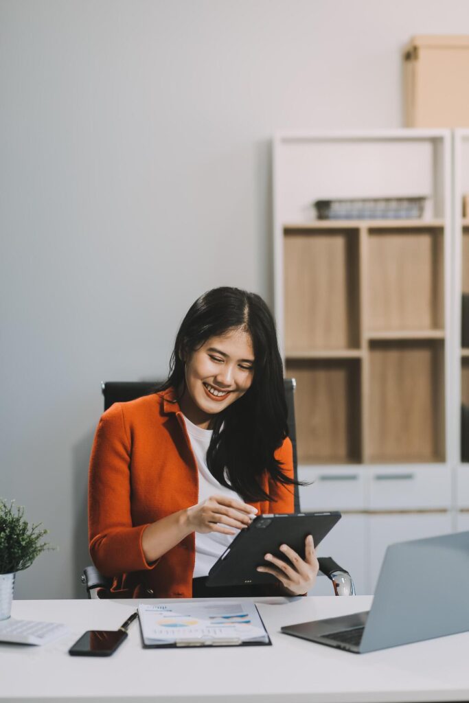 Happy executive sales business woman cheering excited in celebration after good news. achieving goals, success concept Stock Free