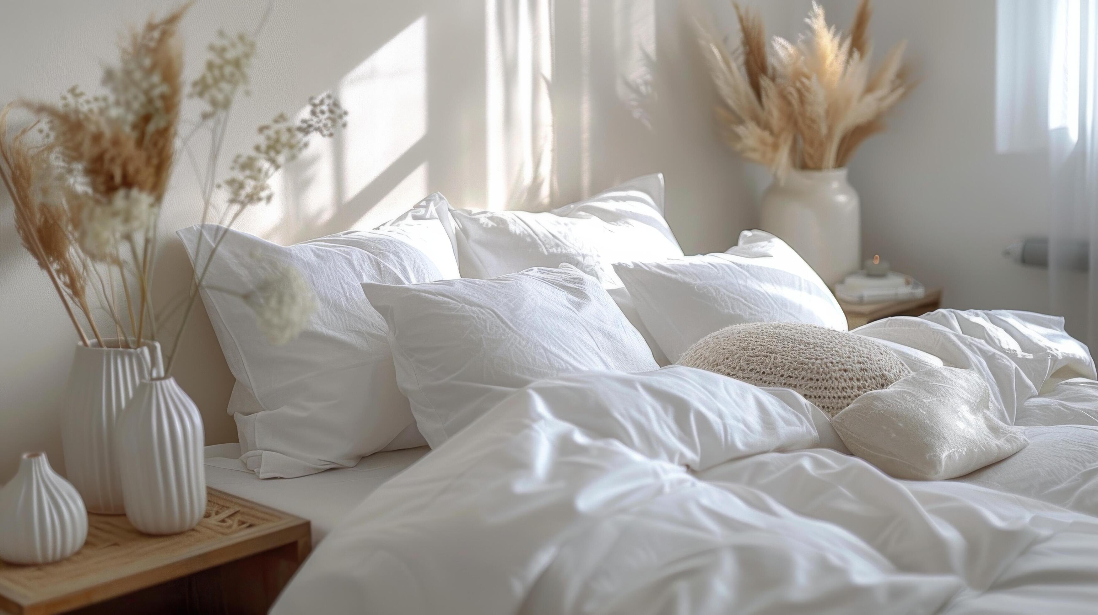 Bed With White Sheets and Pillows in Room Stock Free