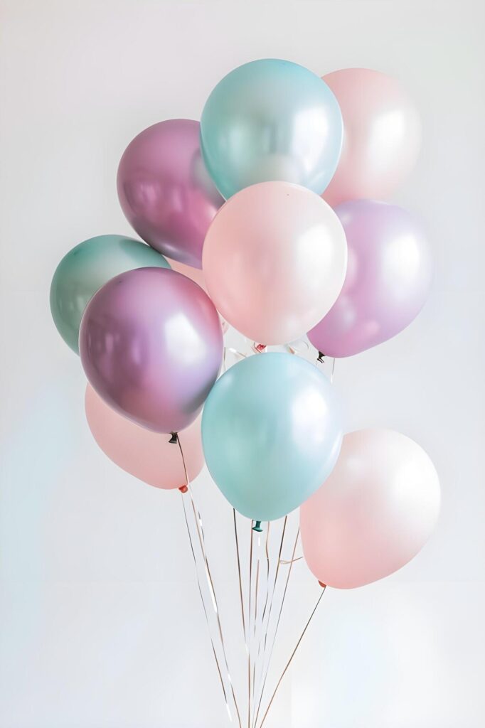 Airy Elegance Pastel Balloons Clustered Gracefully Against a White Canvas Free Photo