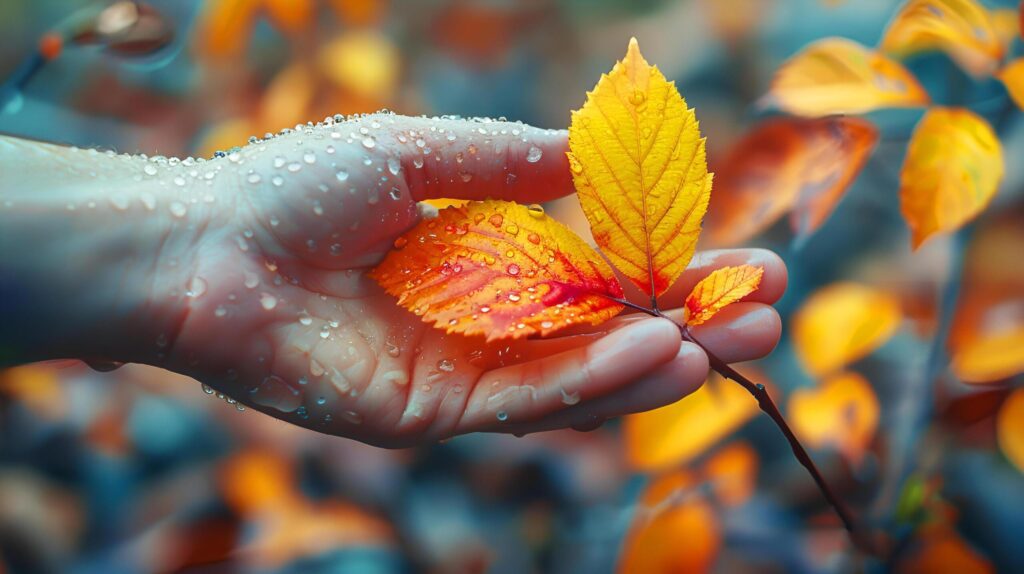 Woman hand holding yellow leaves with dew droplets in tropical rain forest and rainy season in a wild. AI-Generated Free Photo