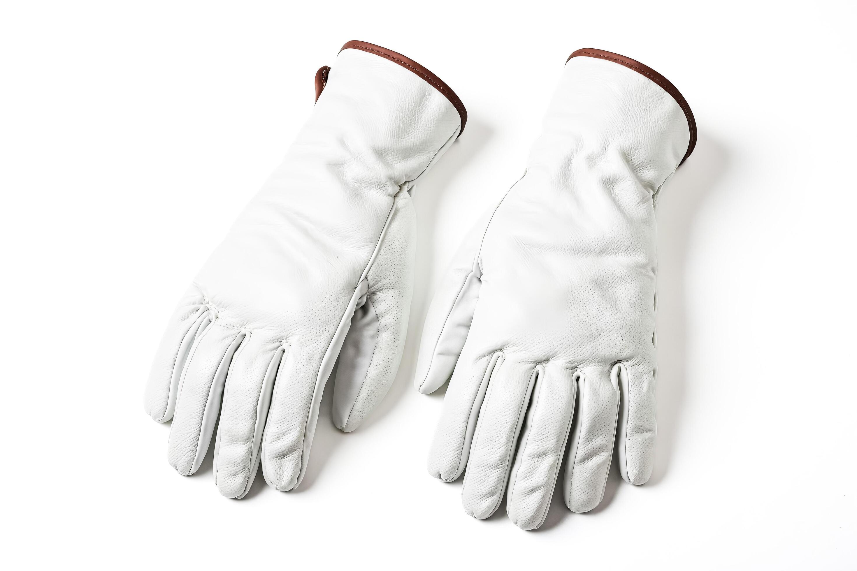 Pair of White Leather Gloves with Brown Trim Isolated on White Background Stock Free