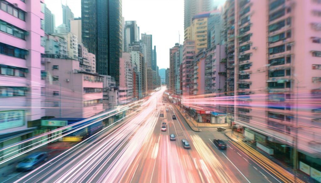 Rushing cars blur through city illuminated skyscrapers at dusk generated by AI Stock Free