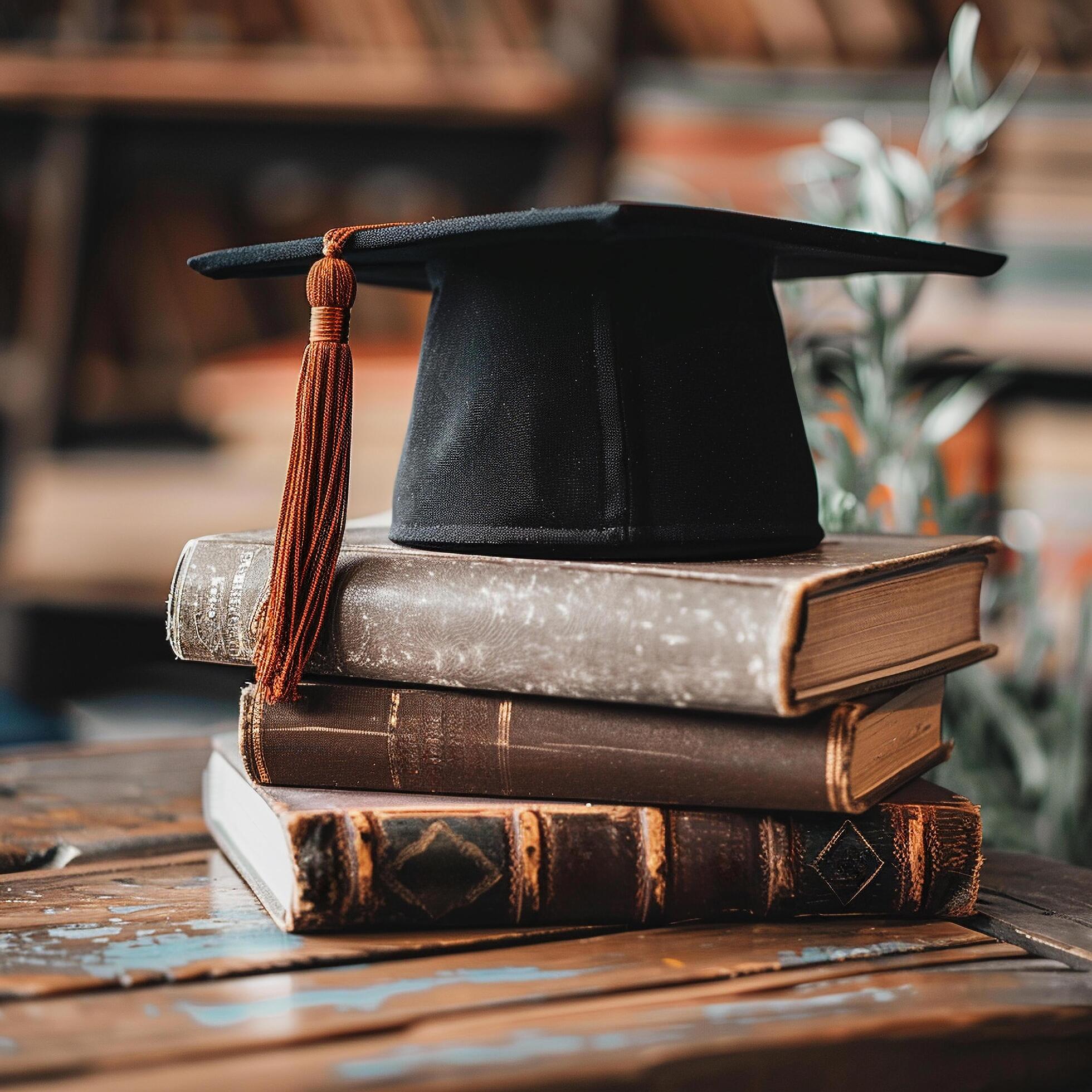 A graduation bachelor cap on a stack of book, knowledge and education concept. Stock Free