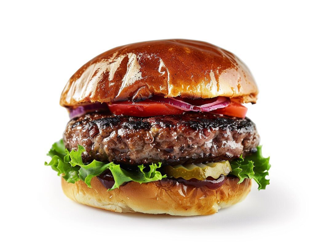 a hamburger with lettuce, tomato and onion on a white background Stock Free