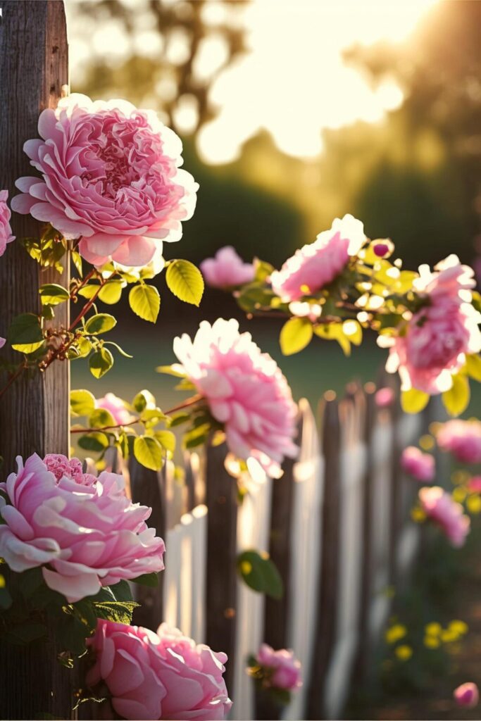 bunch of pink flowers sitting on top of a wooden fence. . Stock Free