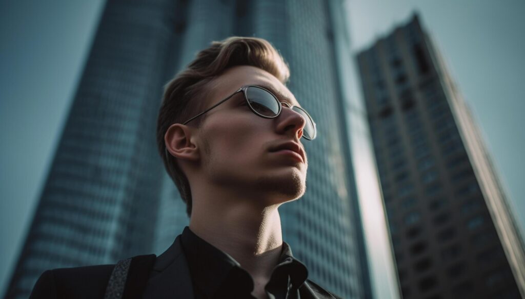 Confident businessman in suit standing in front of skyscraper Stock Free