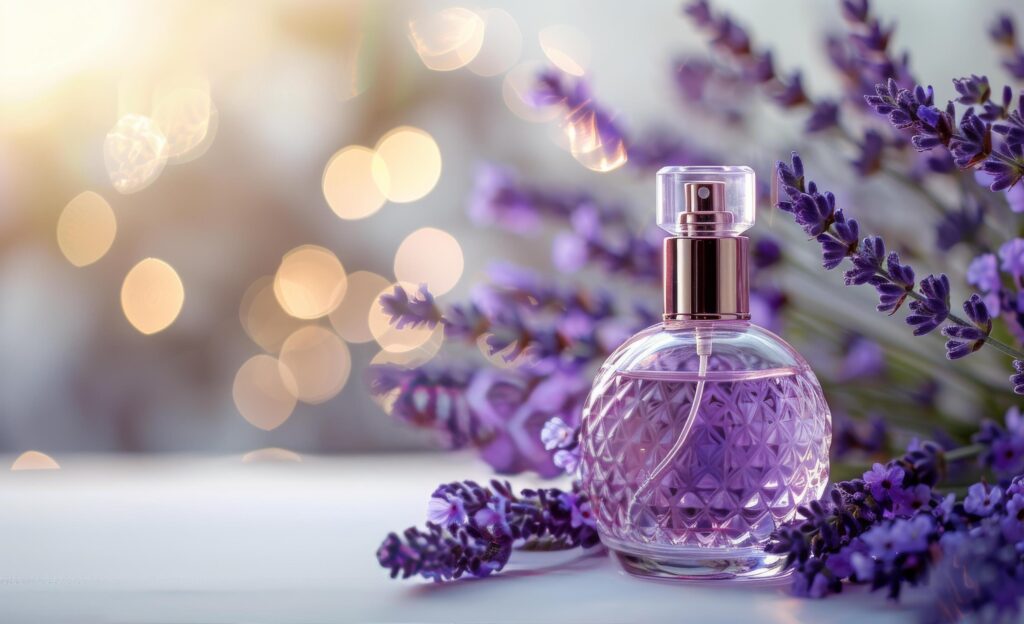 A Bottle of Lavender Perfume on a White Surface With a Bokeh Background Stock Free