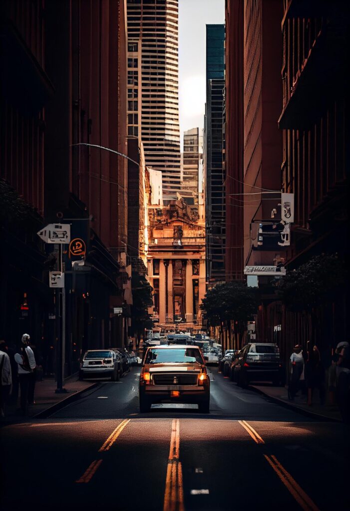 City life buildings, traffic, and skyline at dusk , Stock Free