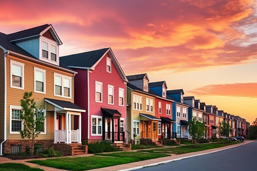 Homes in residential district with dramatic colourful sunset skies. Illustration Stock Free