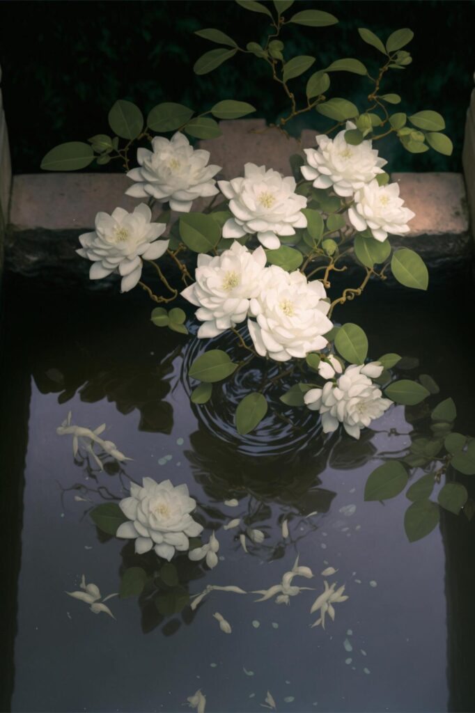 There are floating white jasmine flowers in the water tank. Stock Free