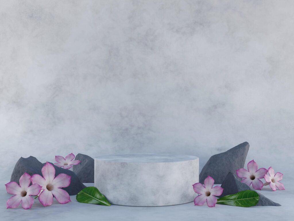 Cylindrical concrete podium with natural flower and rock 3D render illustration Stock Free