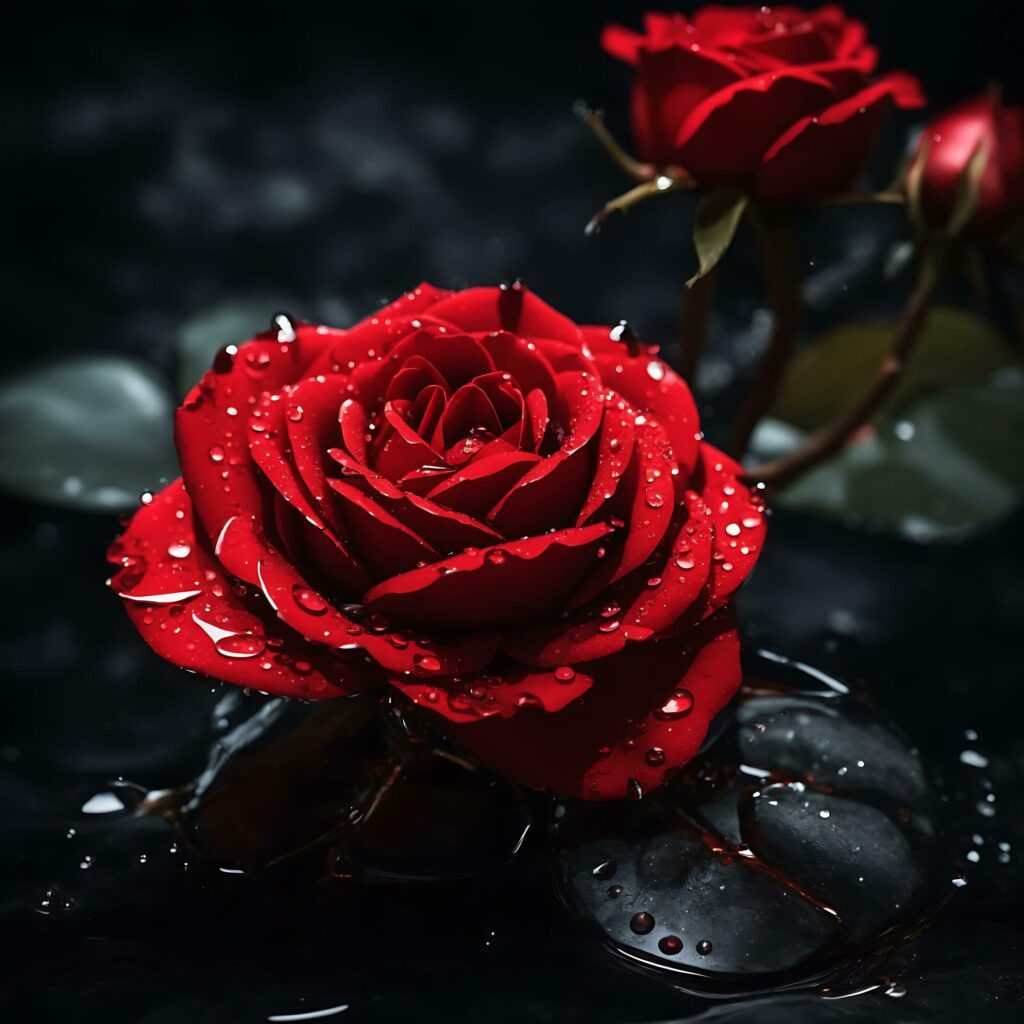 A Red Rose Flower With Water Drop In Dark Theme Generative Ai Stock Free