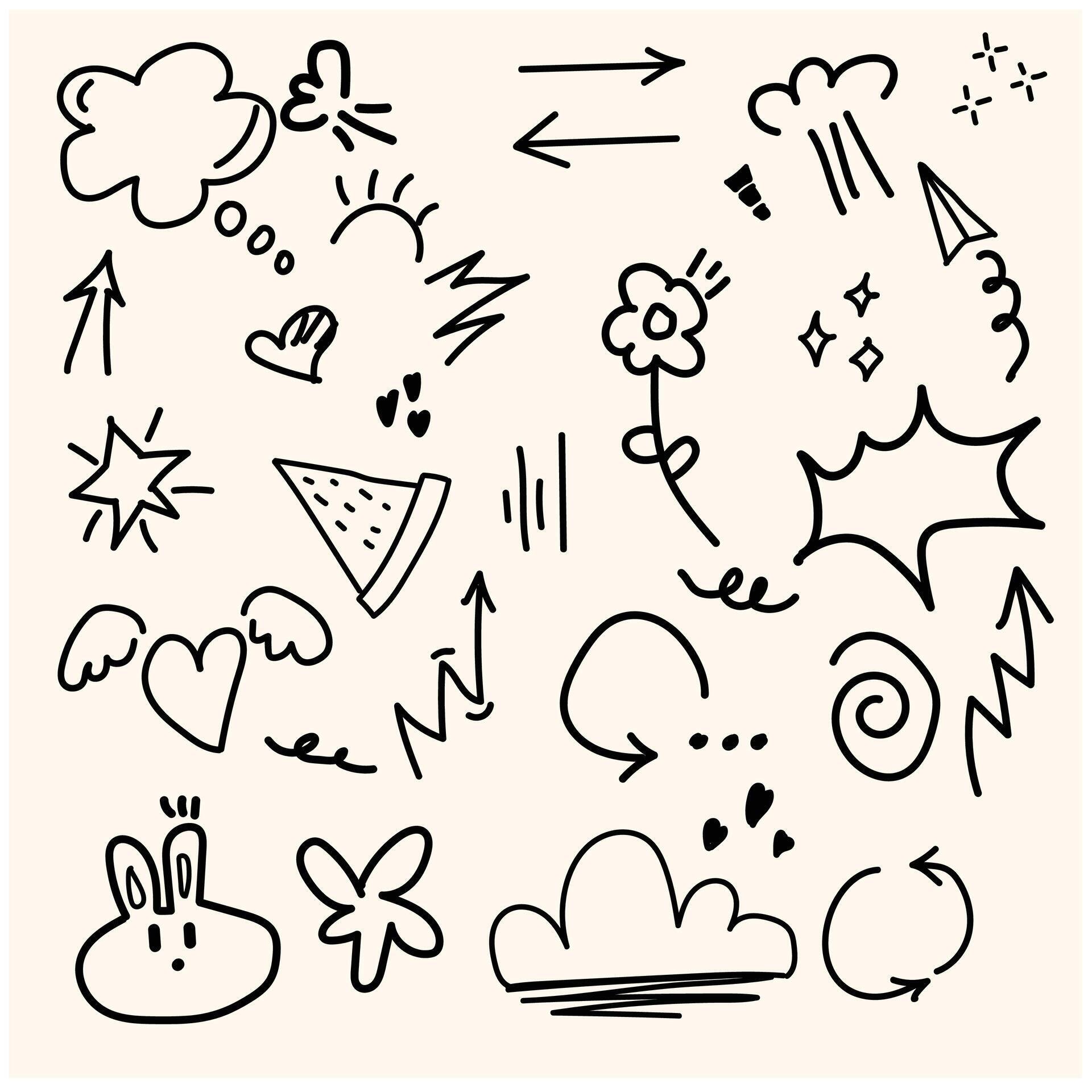 Doodle cute glitter pen line elements. Doodle heart, arrow, star, sparkle decoration symbol set icon. Illustration doodle and line art Stock Free