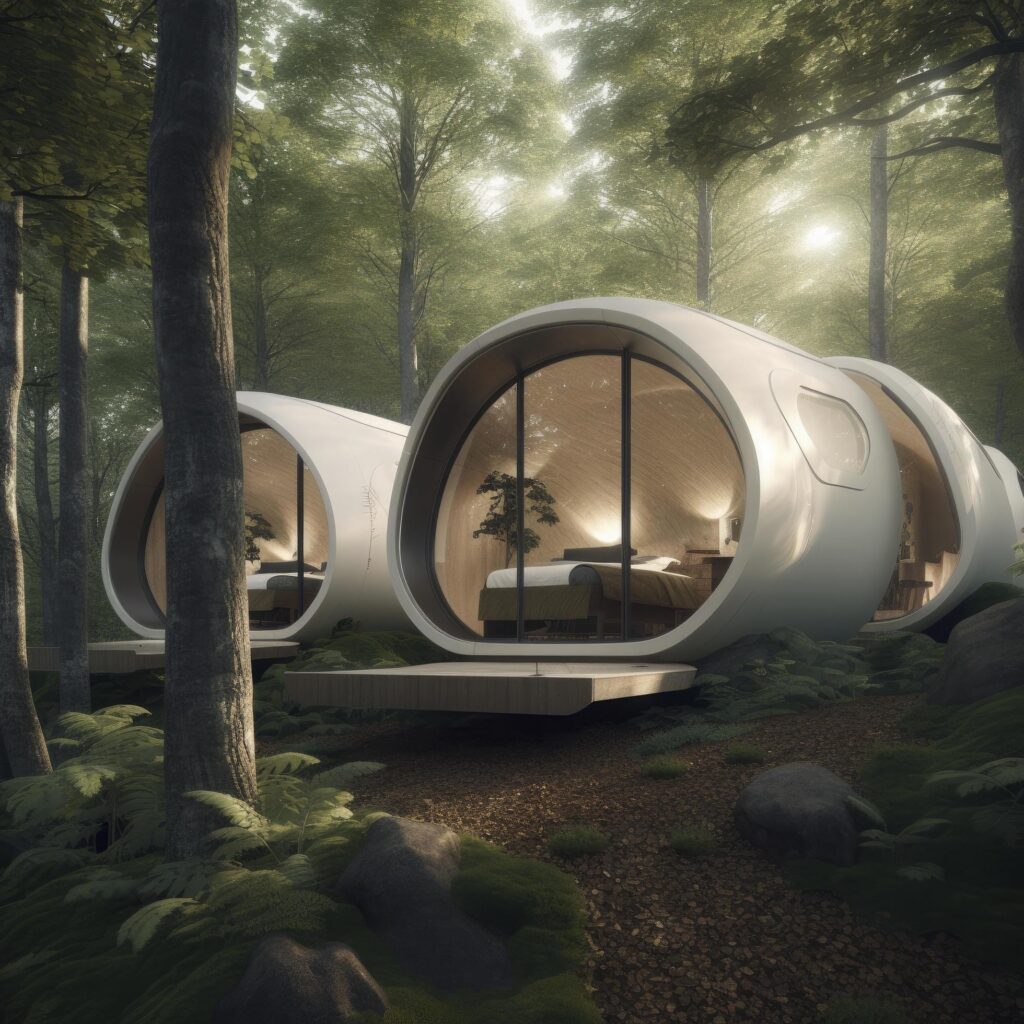 futuristic smart small homes inside the forest, Generate Ai Stock Free