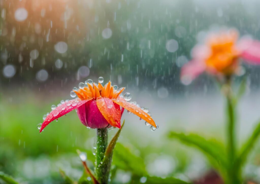 a pink flower surrounded by water droplets in a garden Free Photo