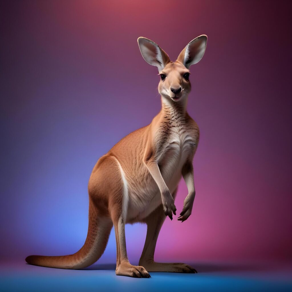 a kangaroo standing on its hind legs in front of a gray background Stock Free