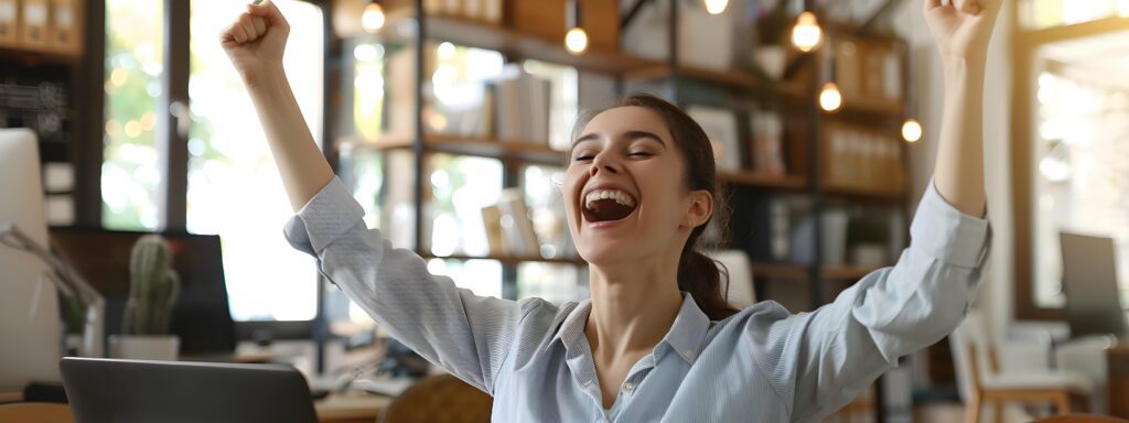 Confident and Enthusiastic Young Business Leader Celebrating Success and Continuous Improvement in the Workplace Stock Free