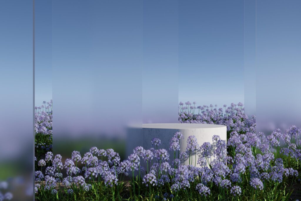 Podium on natural flower field with frosted glass 3D render illustration Stock Free