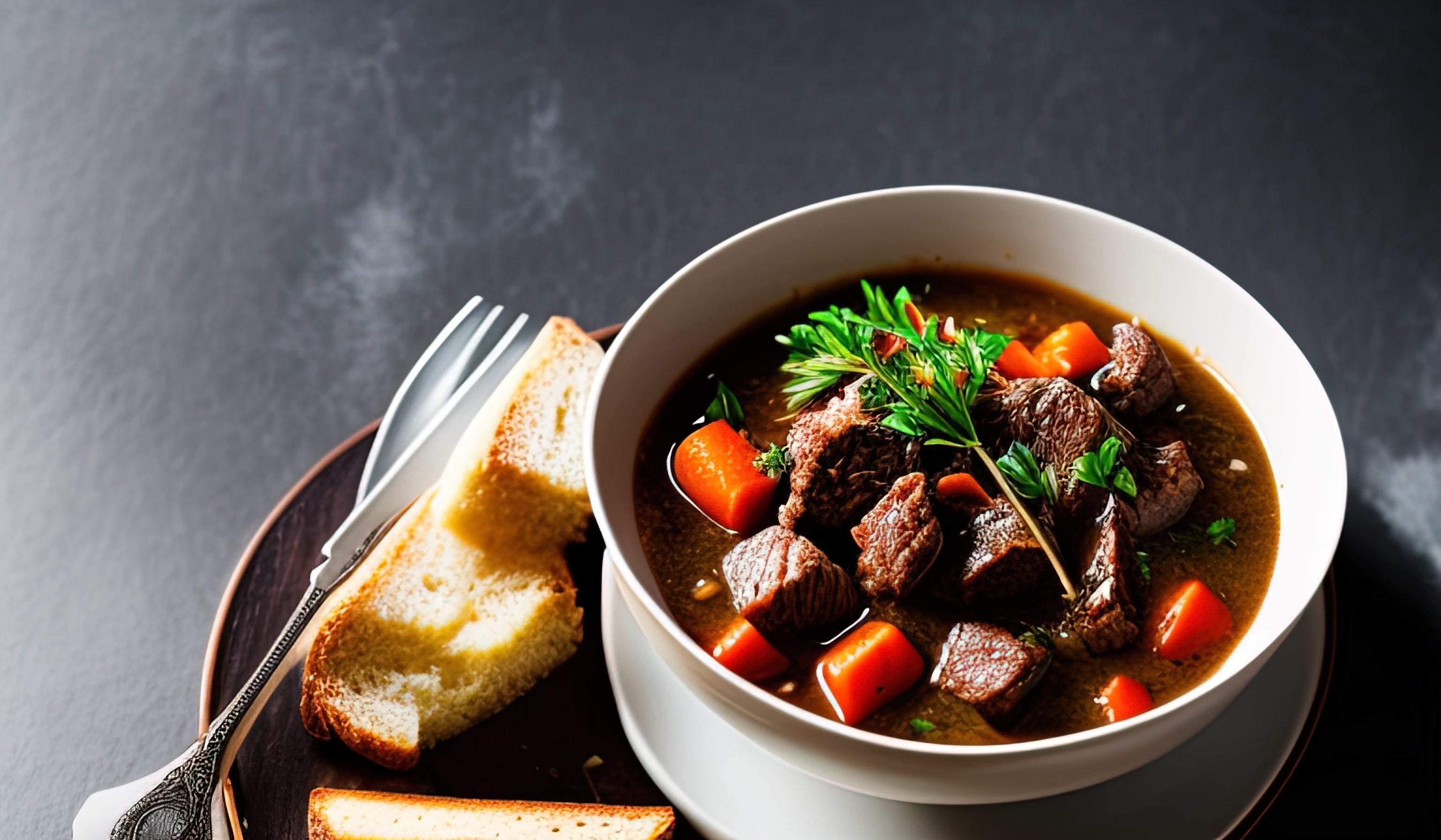 professional food photography close up of a a bowl of beef stew with bread on the side Stock Free