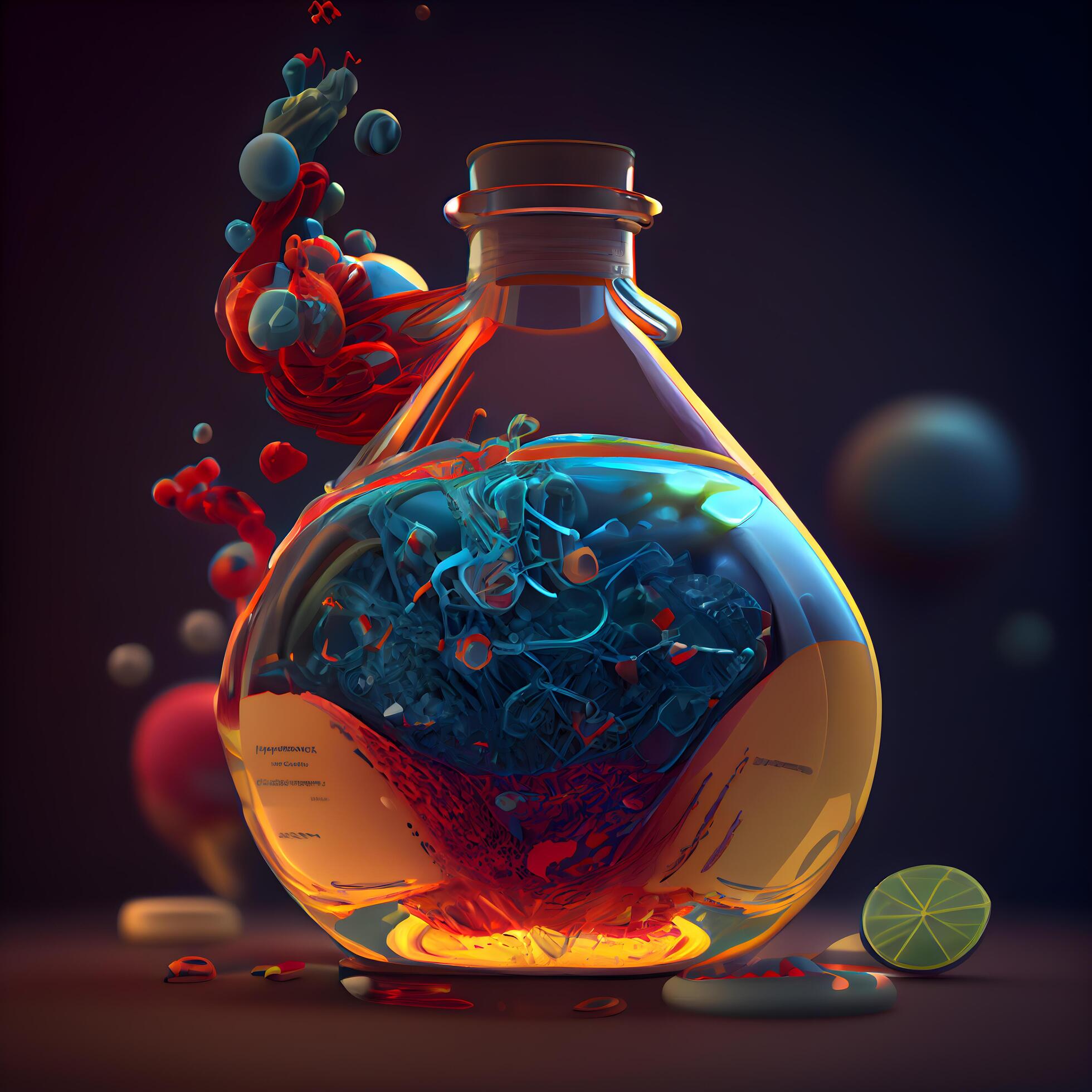 Magic potion in a glass bottle. 3d illustration on dark background, Image Stock Free