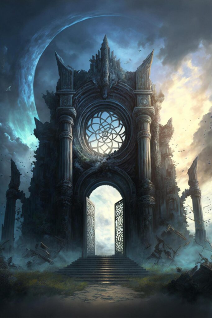 painting of a gate with a clock on it. . Stock Free