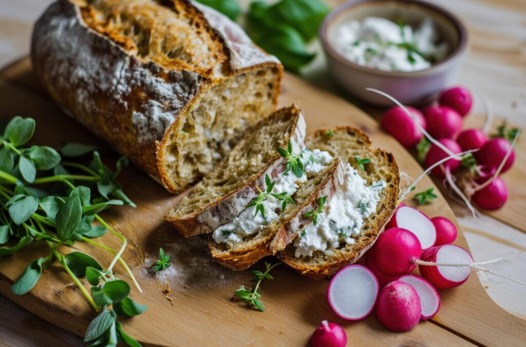 healthy simple bread with radishes, ricotta and herbs Free Photo