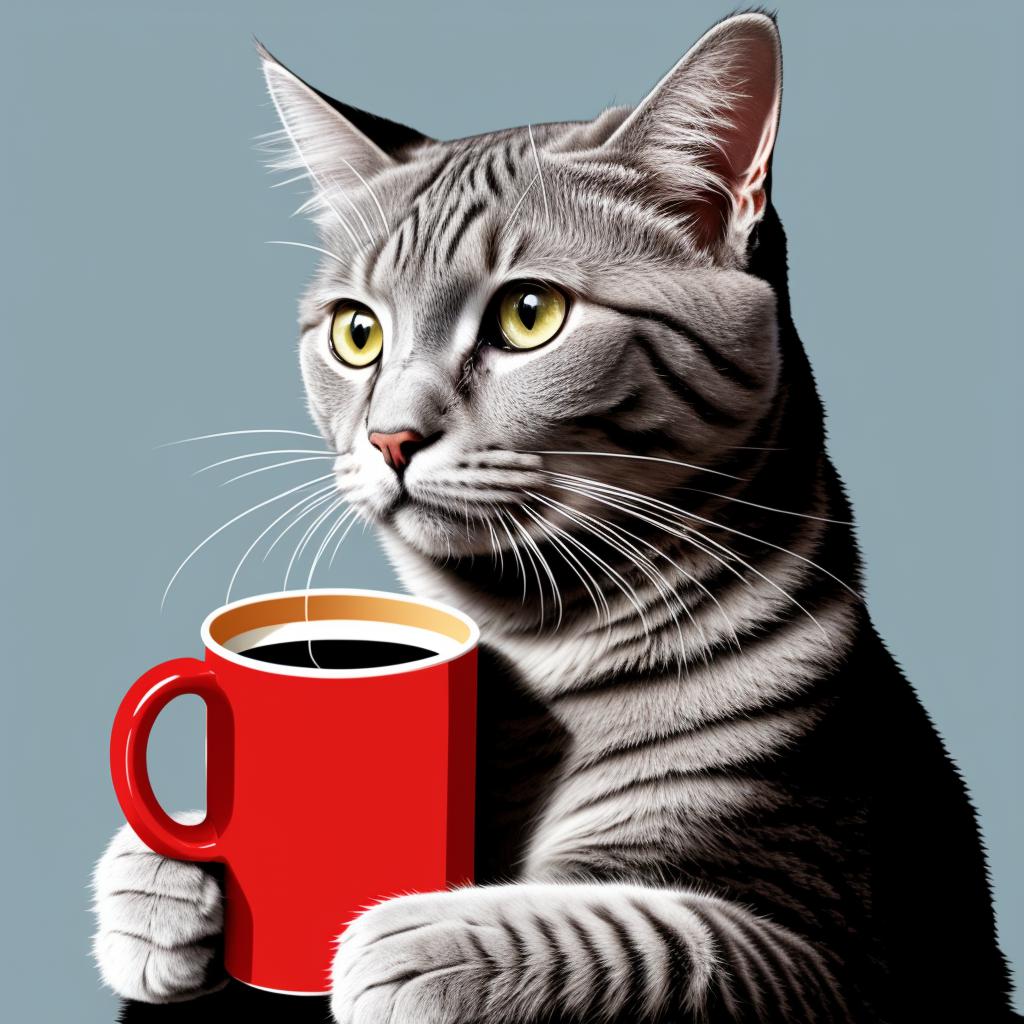 Grey cat drinking coffee by @ai_generated