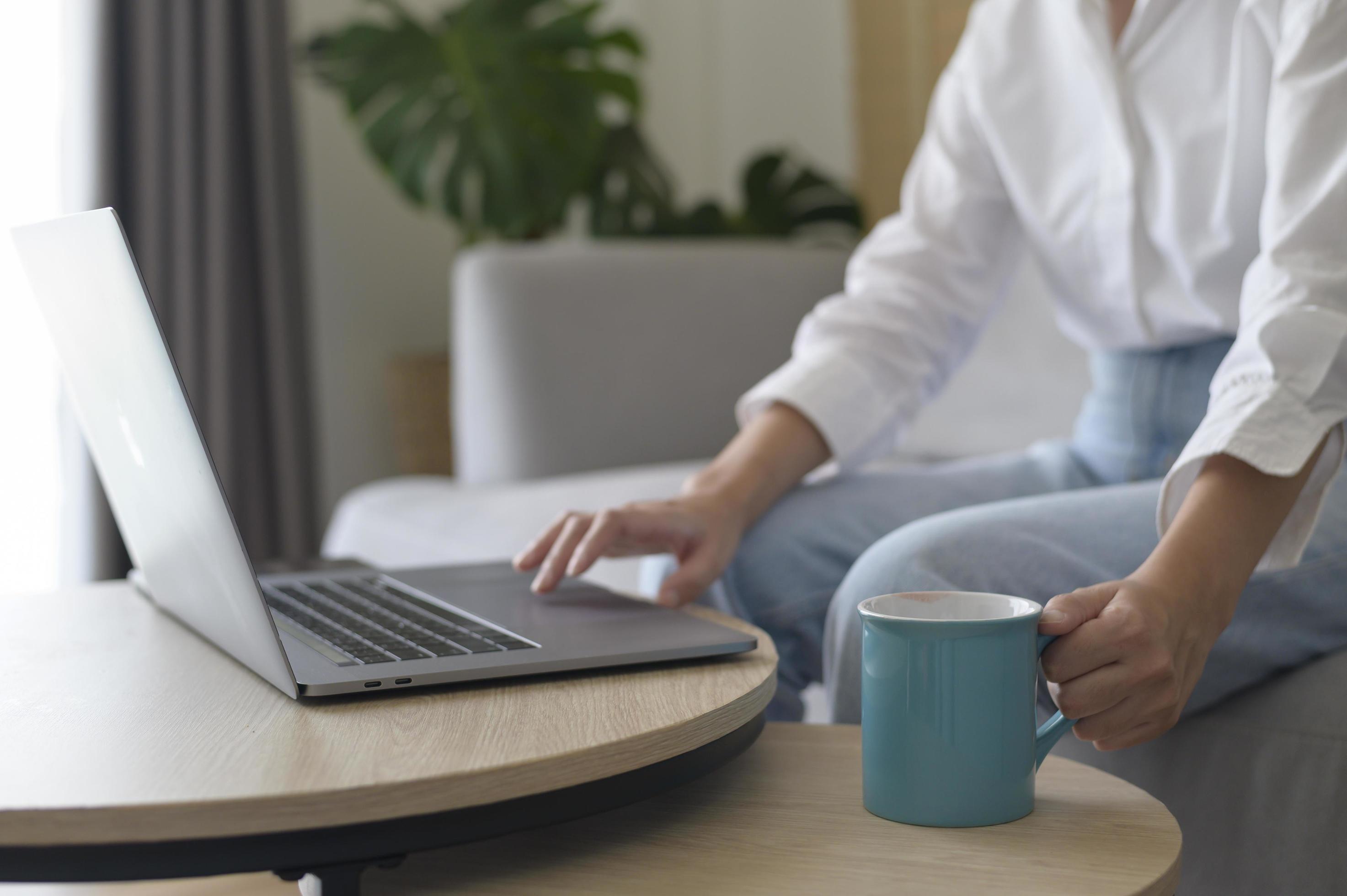 Young beautiful woman is working with her computer at home. Stock Free