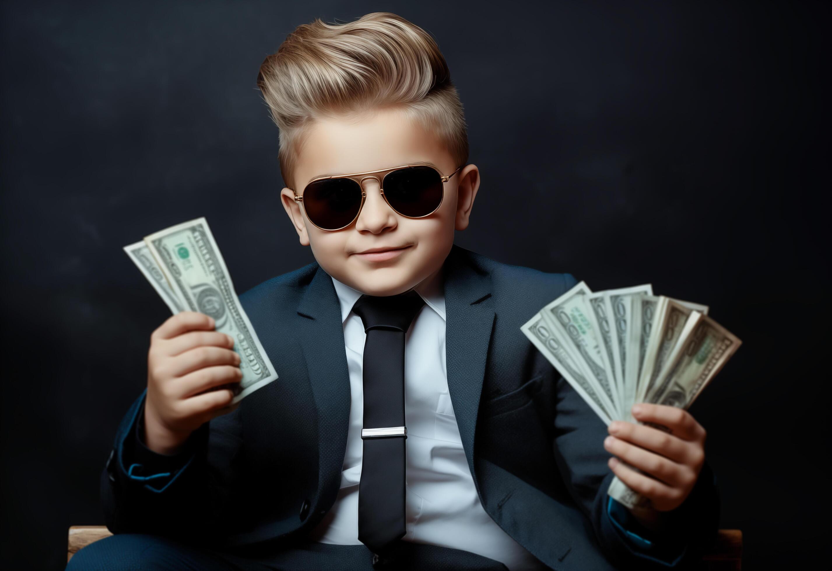 A young boy dressed in a business suit, confidently holds a stack of money. . Stock Free