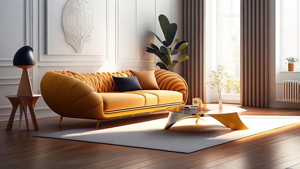 Modern living room interior design with yellow sofa, coffee table and plant. Stock Free