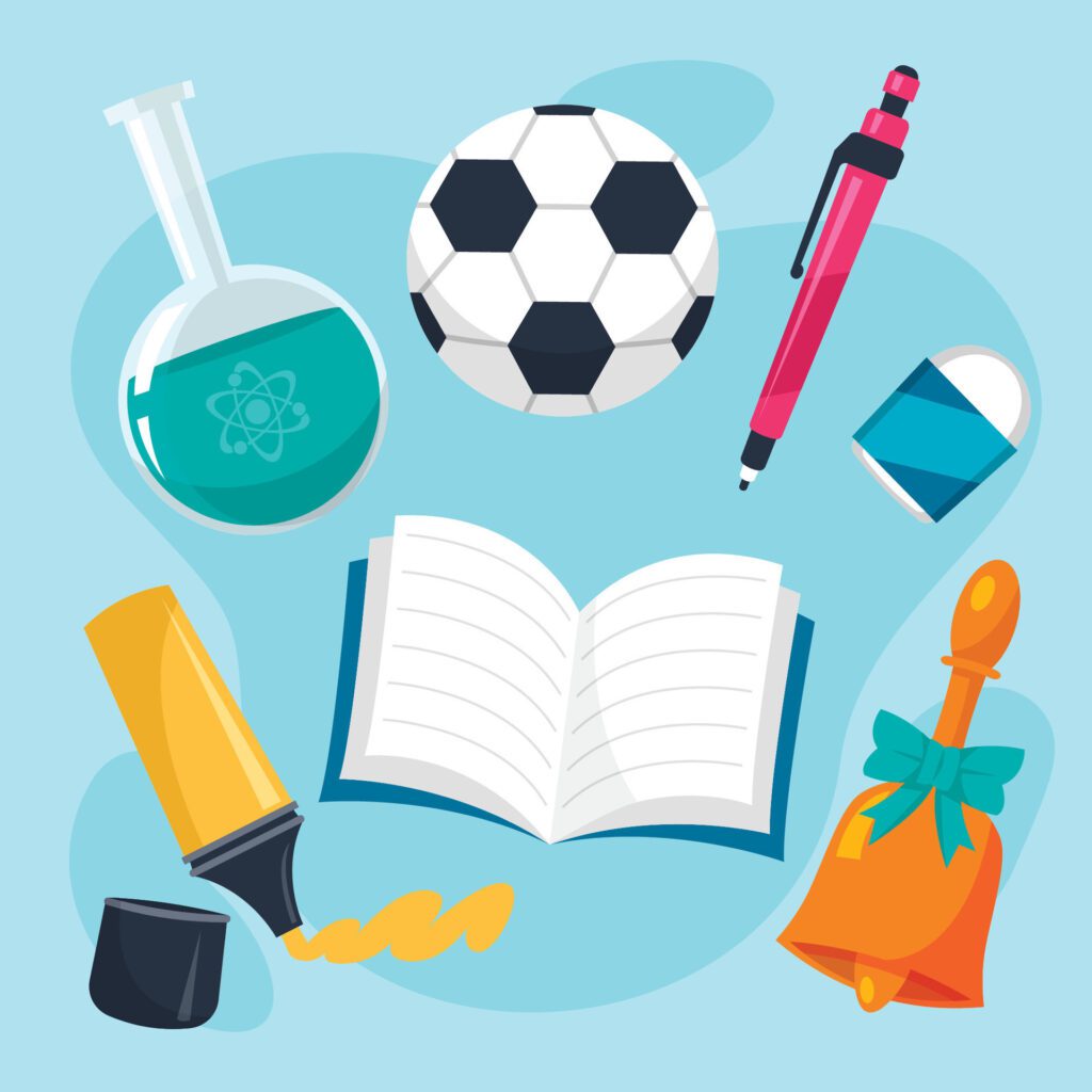 school supplies and books on a blue background Free Vector