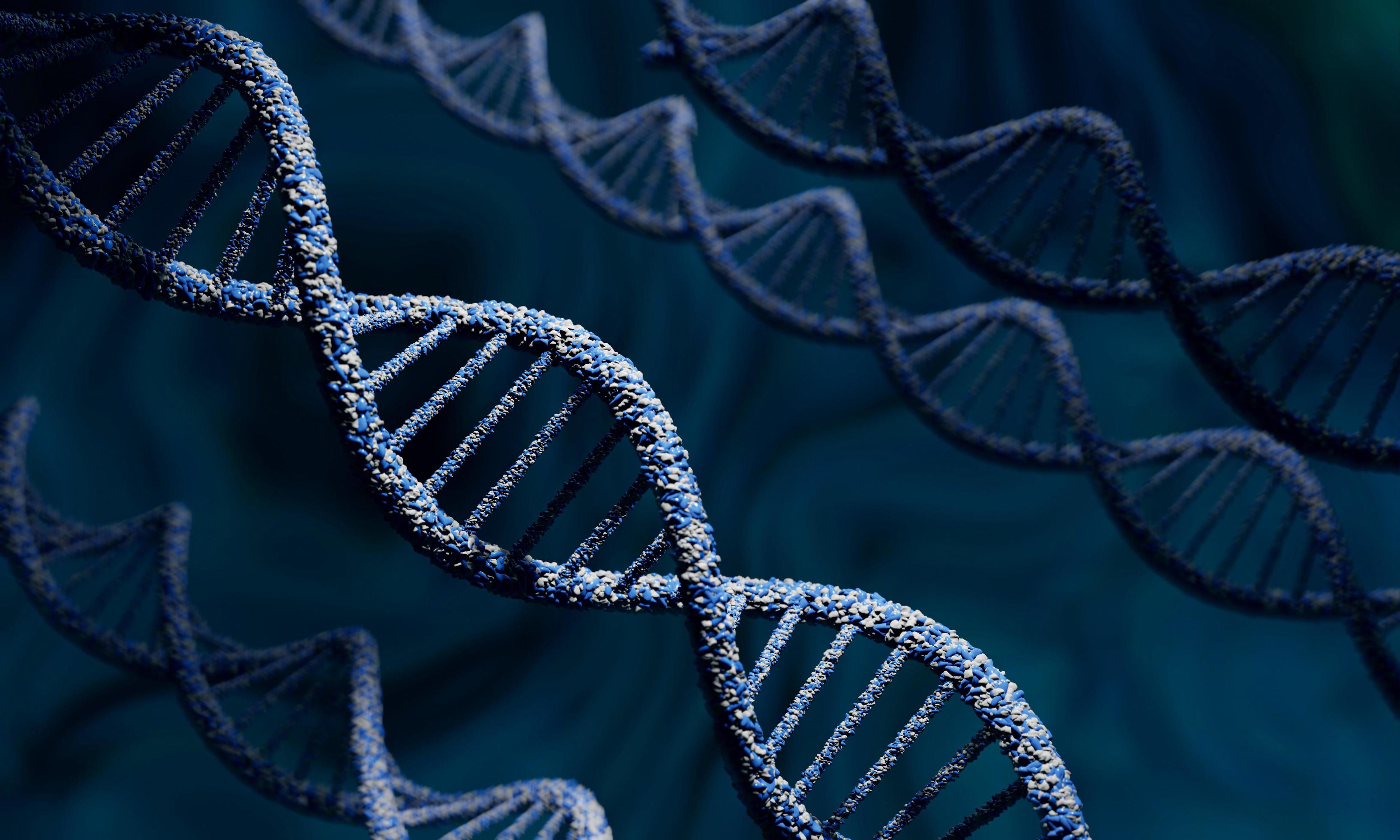 DNA molecule spiral structures on abstract dark blue background. Biology, science and medical technology concept. 3D illustration and rendering Stock Free